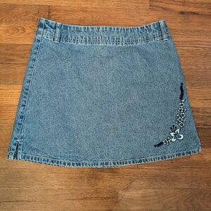 Vintage 90s Y2k Route 66 Denim Mini Skirt Floral Butterfly Embroidery Sz 7/8